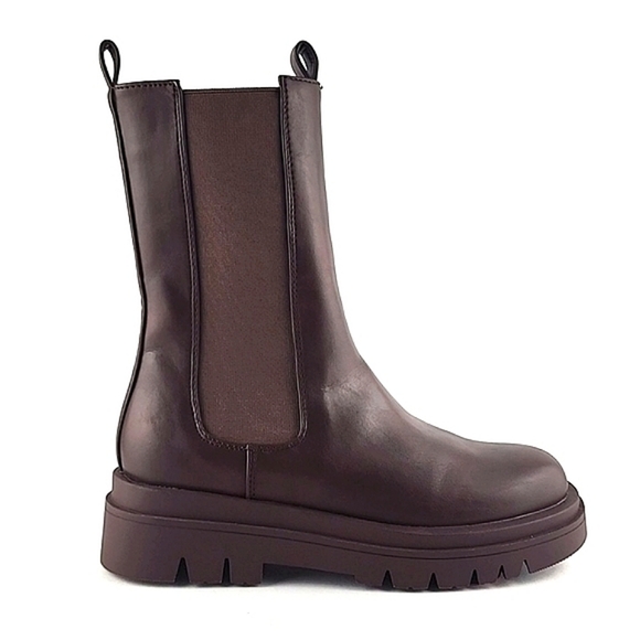 PIECES Shoes - PIECES Women's PCTIA Chocolate Brown Mid Calf Slip  On Chelsea Boots Chunky 38/8